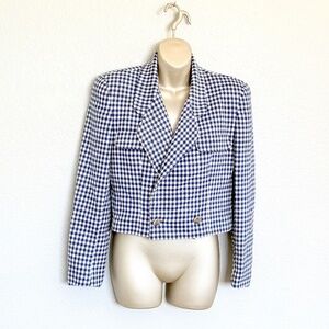 VTG 90s Navy Houndstooth Preppy Academia Cropped Wool Blazer | Jones New York 4